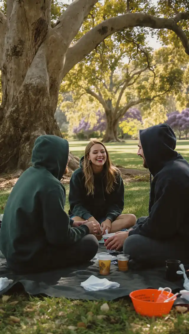 Friends wearing Story Seeker Sunny hoodies enjoying a picnic under Jacaranda trees at the Botanic Gardens in Brisbane, utilizing their Sunny Link™ for exclusive local event access and community rewards.