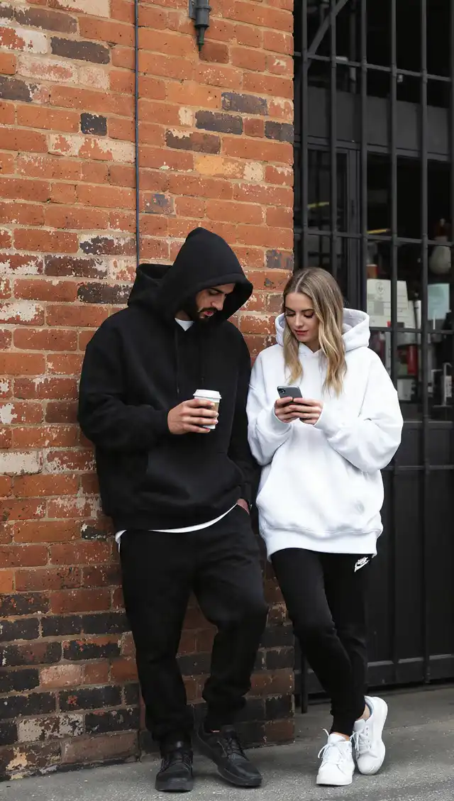 A couple in Brisbane wearing premium black and white River Reach Sunny hoodies, using the Sunny Link™ on their phone to discover hidden VIP nightlife and dining rewards in The Valley, Brisbane.