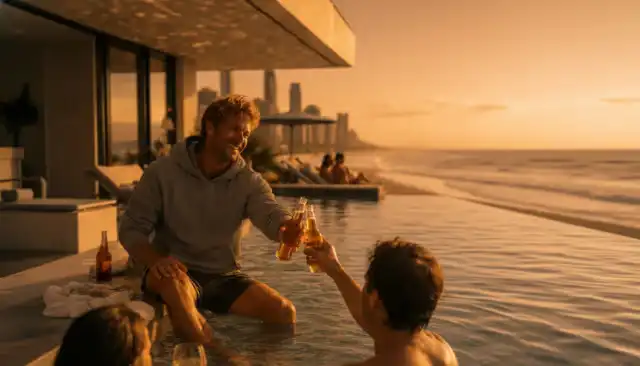 A man wearing the premium grey Wave Chaser Sunny souvenir hoodie, enjoying drinks at a Gold Coast infinity pool surrounded by friends connected with the Sunny Link™. This represents the exclusive VIP event access and community rewards available through Sunny Link™ apparel.