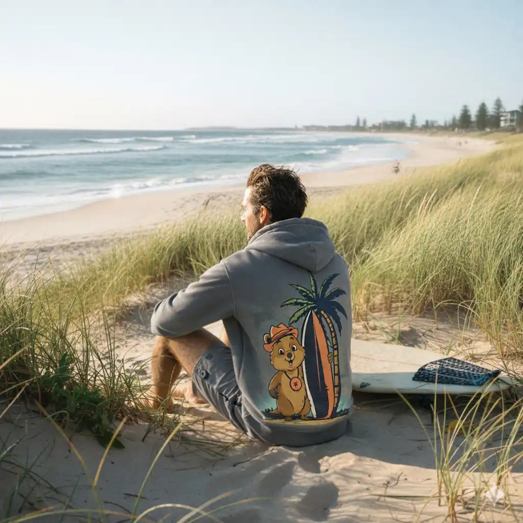Man in a grey 400gsm fleece lined Gold Coast souvenir hoodie overlooking the ocean featuring Sunny Link, perfect for coastal winter mornings.