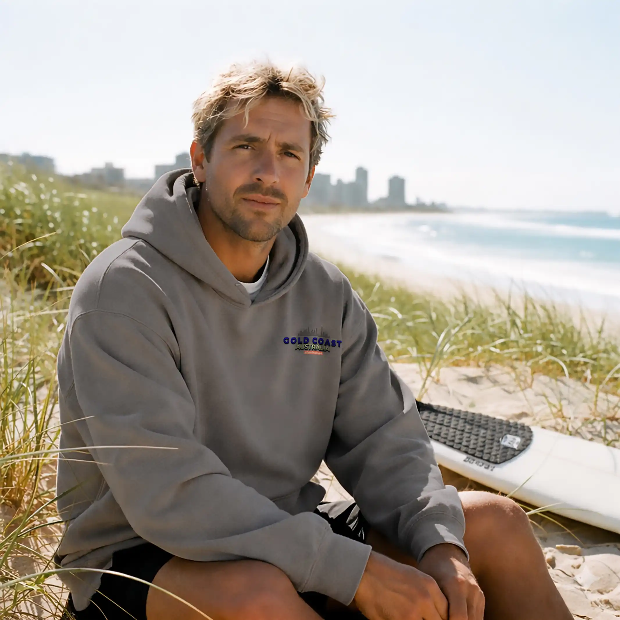 Customer testimonial featuring the grey Wave Chaser hoodie with a beachfront main beach, Gold Coast backdrop featuring Sunny Link.