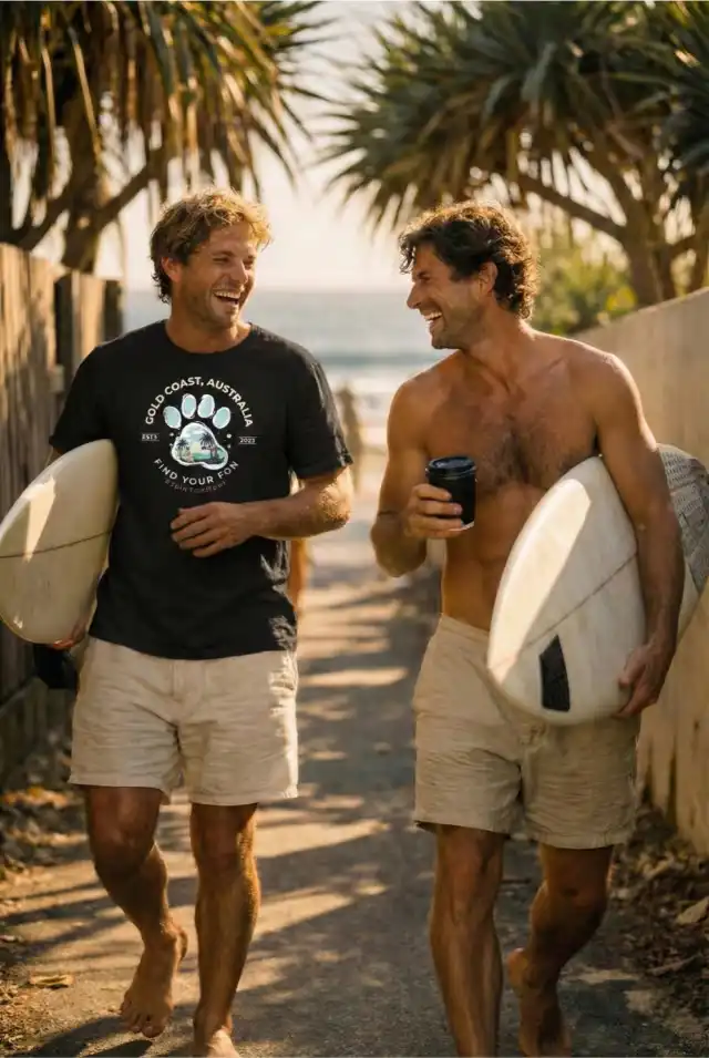 Two surfers laughing on a beach path at D-Bar in the Gold Coast, Australia. One wears the premium 200gsm black cotton Golden Paw Sunny souvenir t-shirt featuring the 'Find Your Fun' slogan.